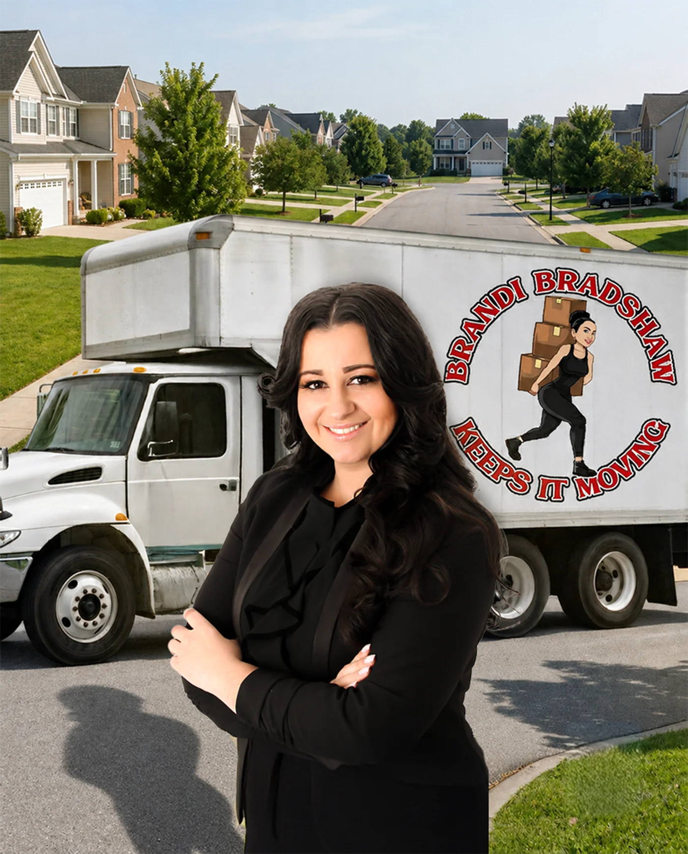 Brandi Bradshaw in front of the Brandi Bradshaw Keeps It Moving box truck on a Maryland neighborhood street